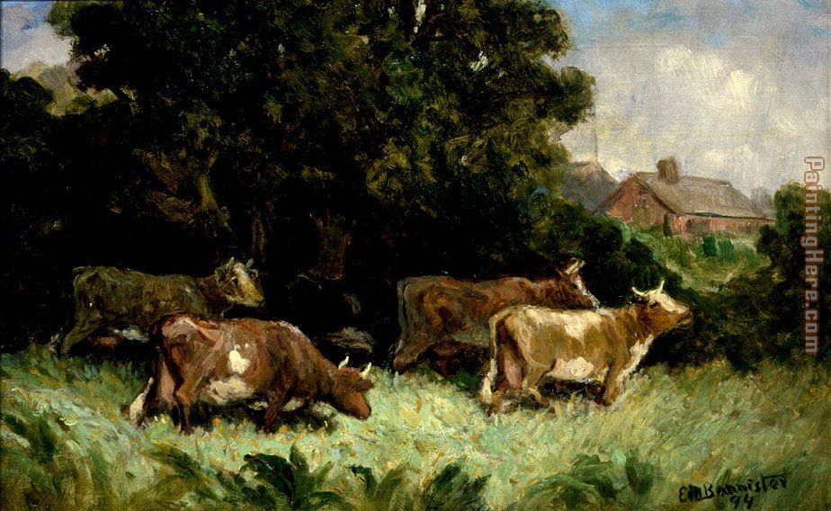 five cows in pasture, rooftop in background painting - Edward Mitchell Bannister five cows in pasture, rooftop in background art painting